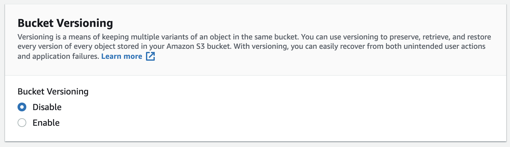 Bucket versioning settings