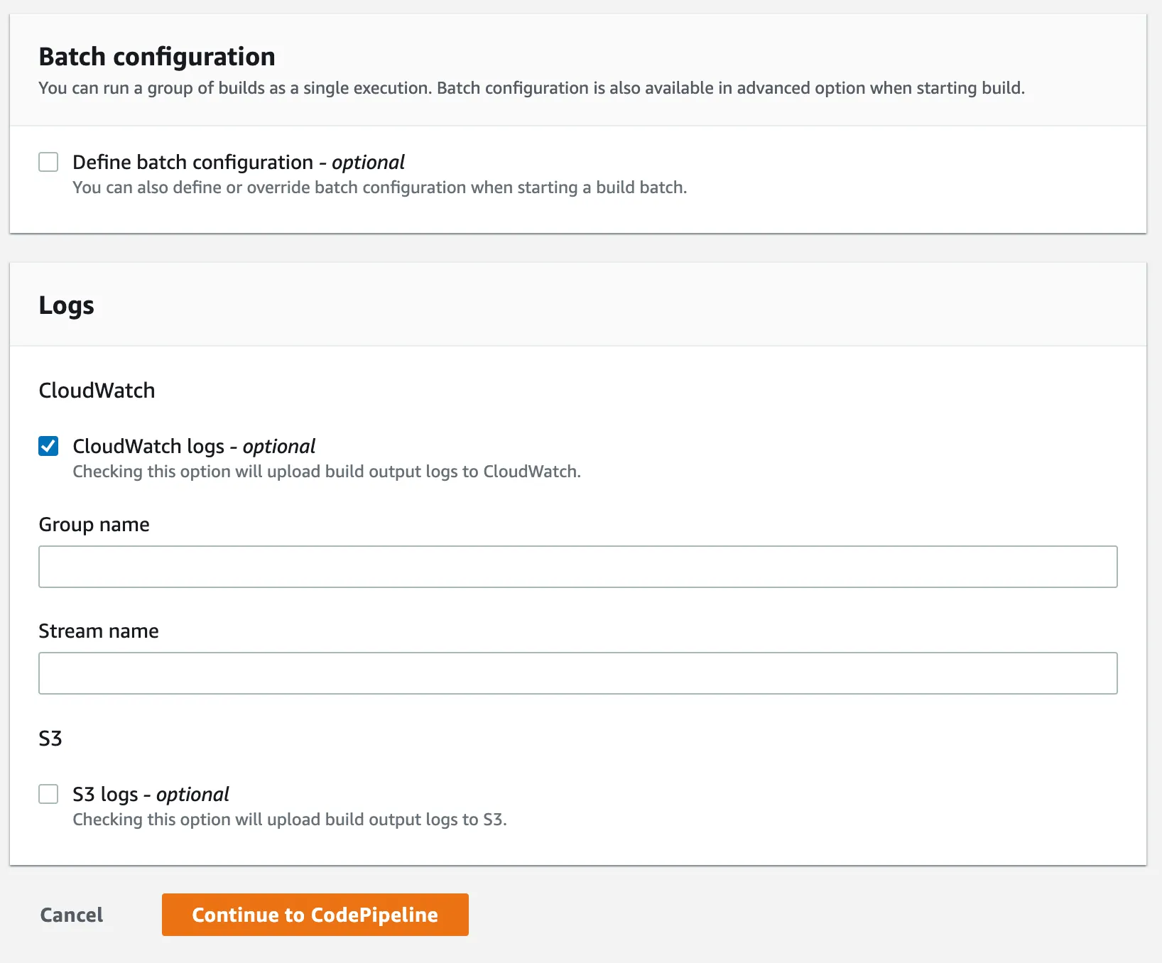 Batch and Logs settings